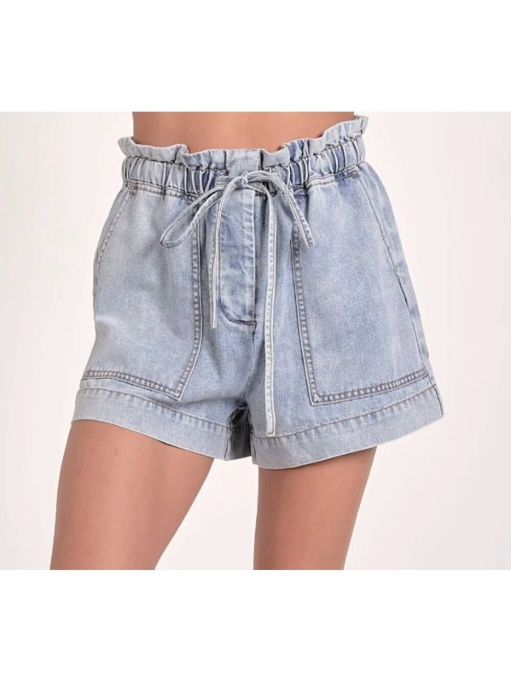 Elan Jenna Drawstring Washed Denim Shorts Chambray Blue Size Small